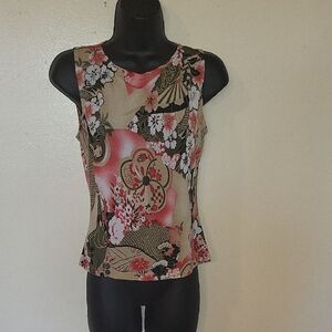 Floral Sleeveless Shell Top - Pink & Tan